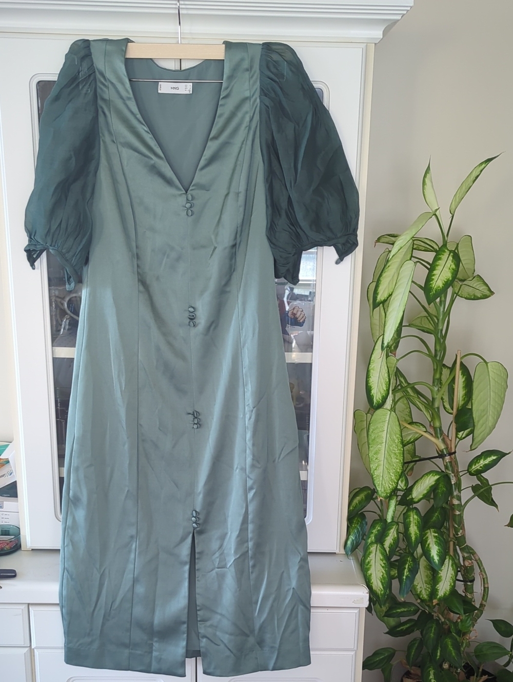 Mango Dark Teal Puff Sleeve Midi Dress